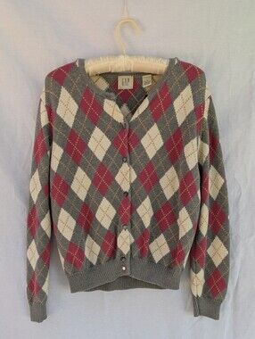 Vintage GAP Women's Gray, Red & Cream Argyle Button Cardigan